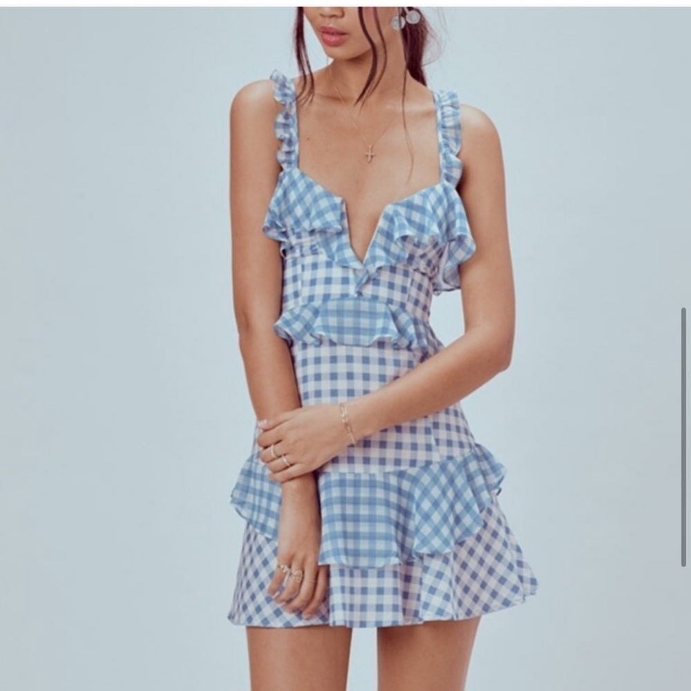 For Love And Lemons Dixie Ruffle Mini Dress Blue Gingham